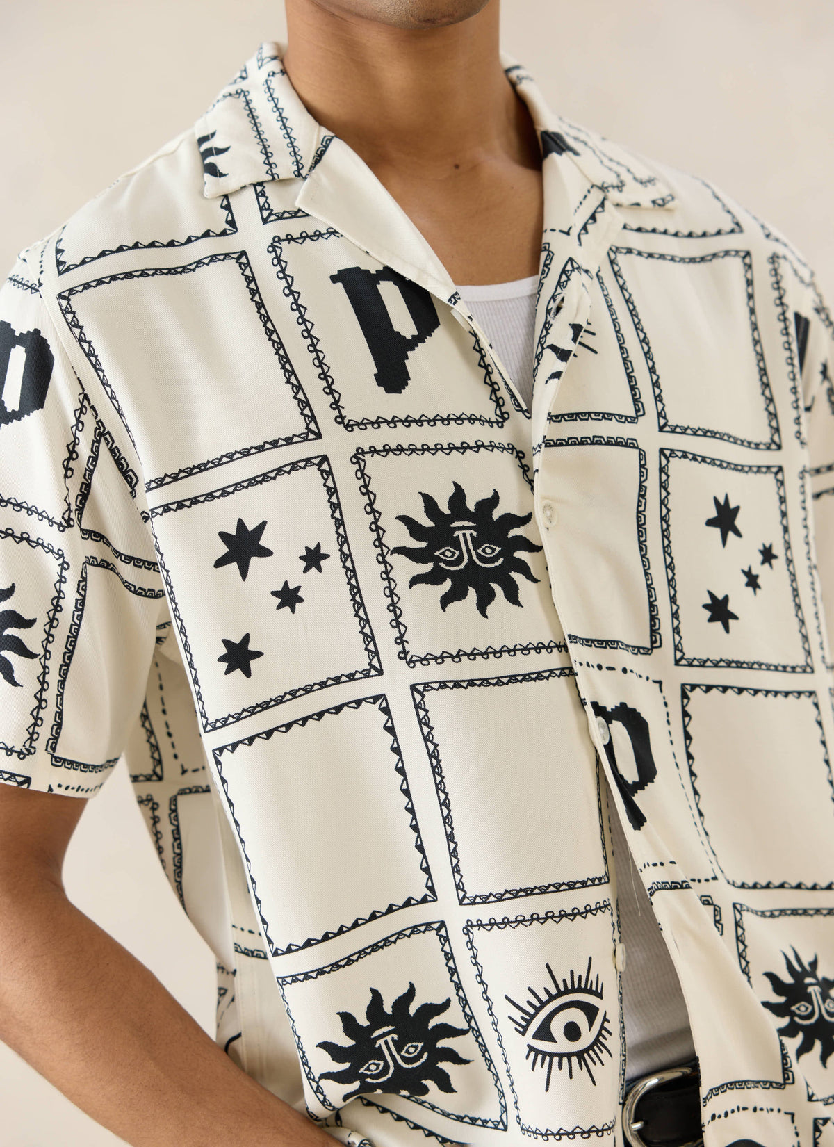 Men's Lunar Panel Cuban Shirt, Short Sleeve - Cream Viscose
