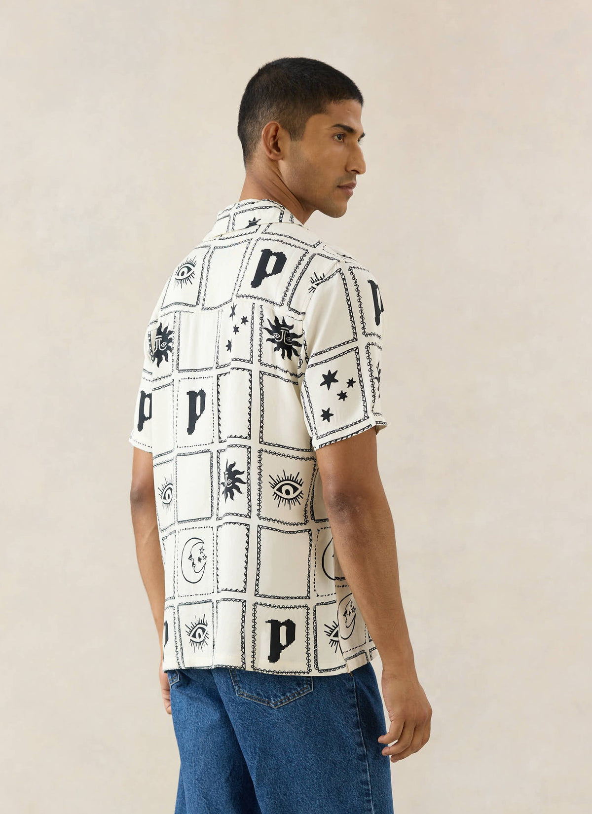 Men's Lunar Panel Cuban Shirt, Short Sleeve - Cream Viscose