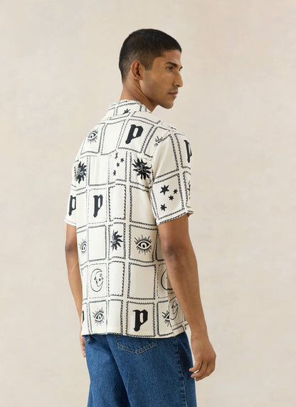 Men's Lunar Panel Cuban Shirt, Short Sleeve - Cream Viscose