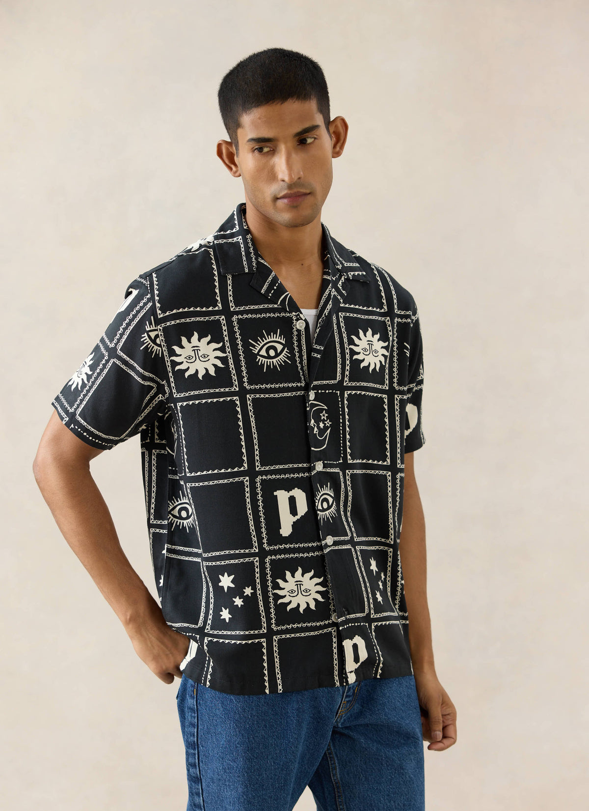 Men's Lunar Panel Cuban Shirt - Viscose - Black
