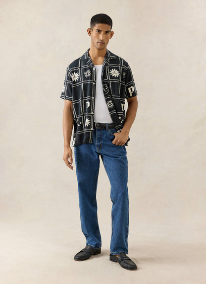 Men's Lunar Panel Cuban Shirt - Viscose - Black