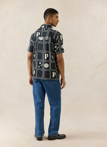 Men's Lunar Panel Cuban Shirt - Viscose - Black