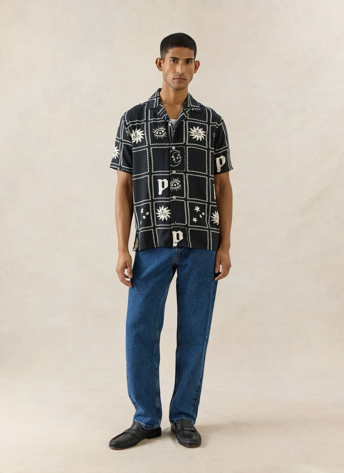 Men's Lunar Panel Cuban Shirt - Viscose - Black